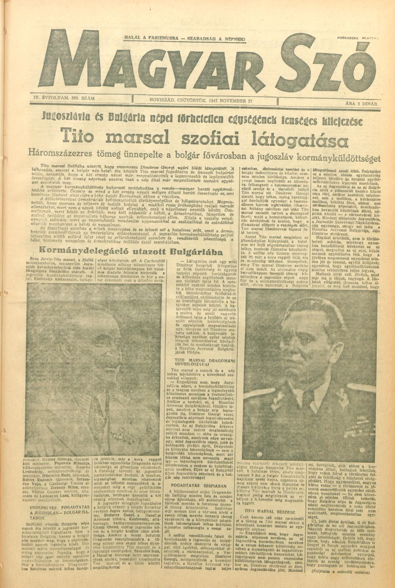 Magyar Szó, 4. évf. 1947. november 27. 289. sz. 1–8. oldal