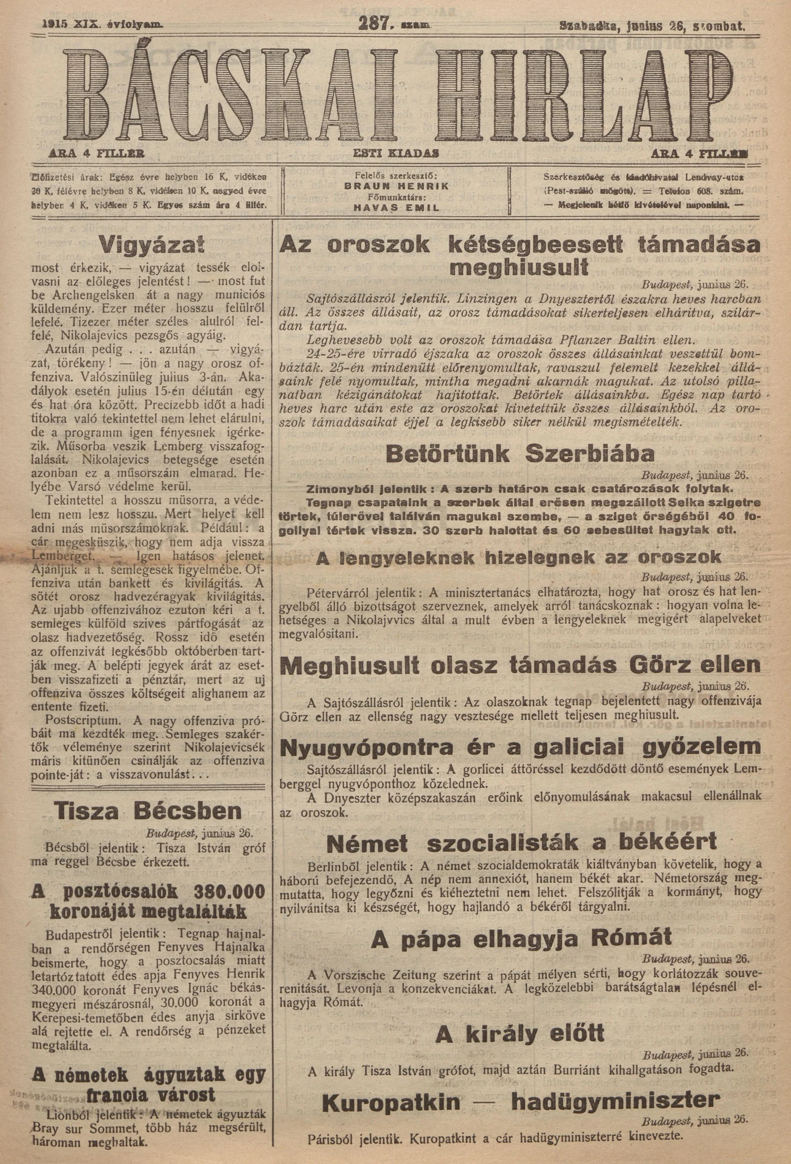 Bácskai Hirlap, 19. évf. 1915. június 26. 287. sz.