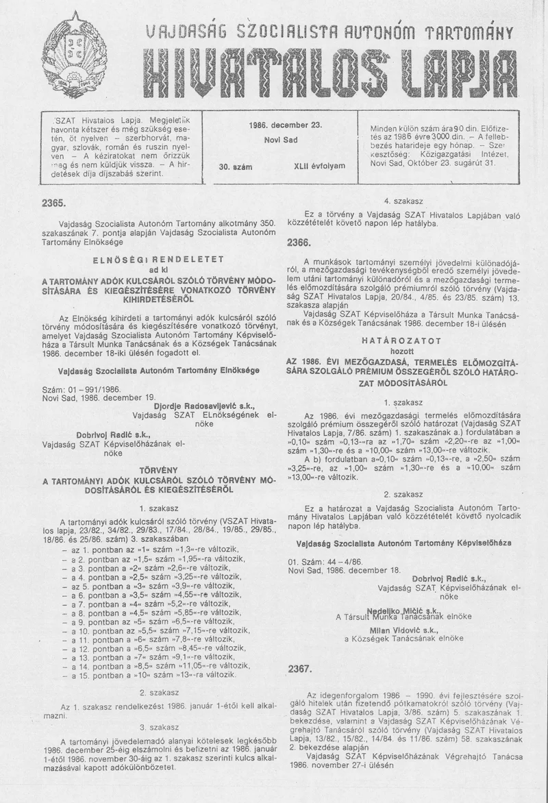 Vajdaság Szocialista Autonóm Tartomány Hivatalos Lapja, 42. évf. 1986. december 23. 30. sz.