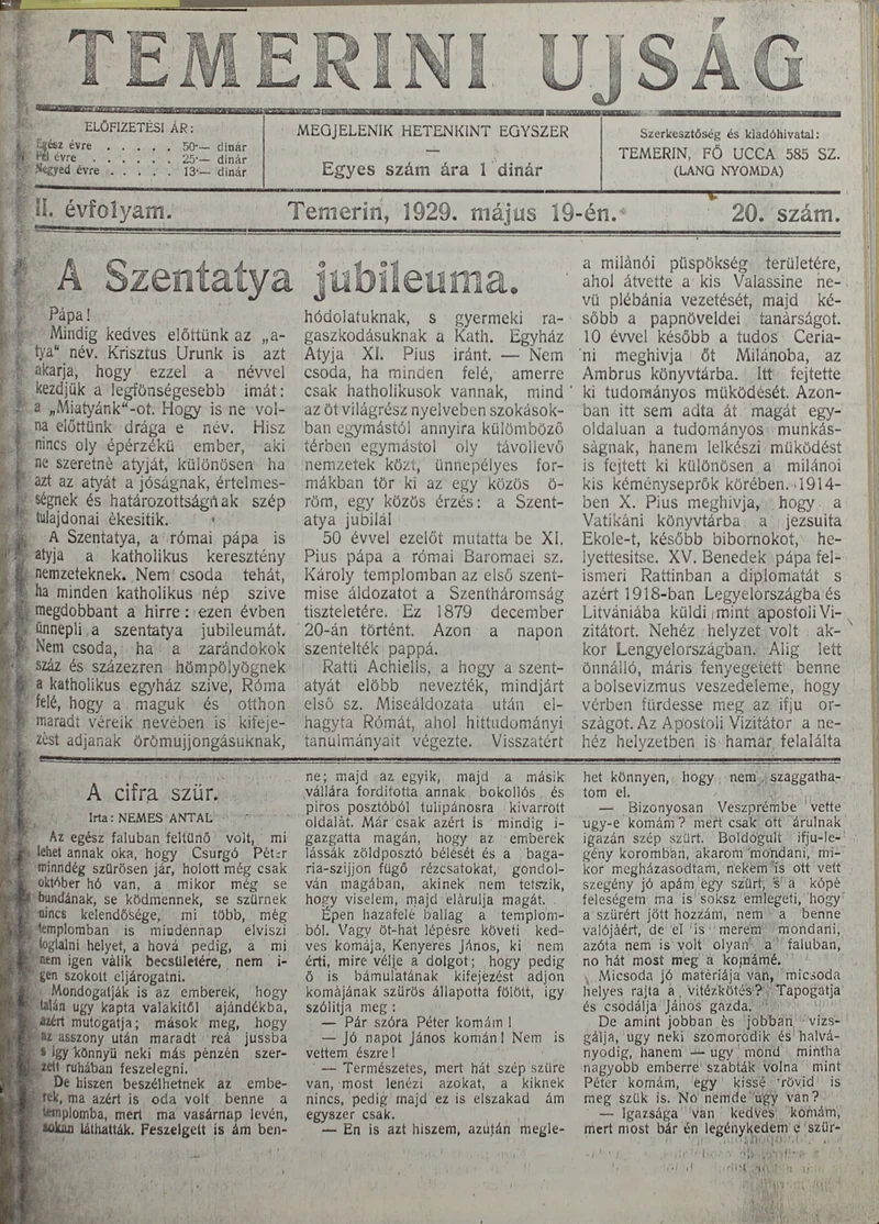 Temerini Újság 1928-1944, 2. évf. 1929. május 19. 20. sz.
