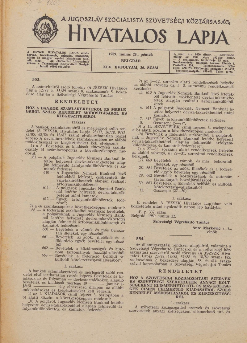 A Jugoszláv Szocialista Szövetségi Köztársaság Hivatalos Lapja, 45. évf. 1989. június 23. 36. sz. 901–944. oldal