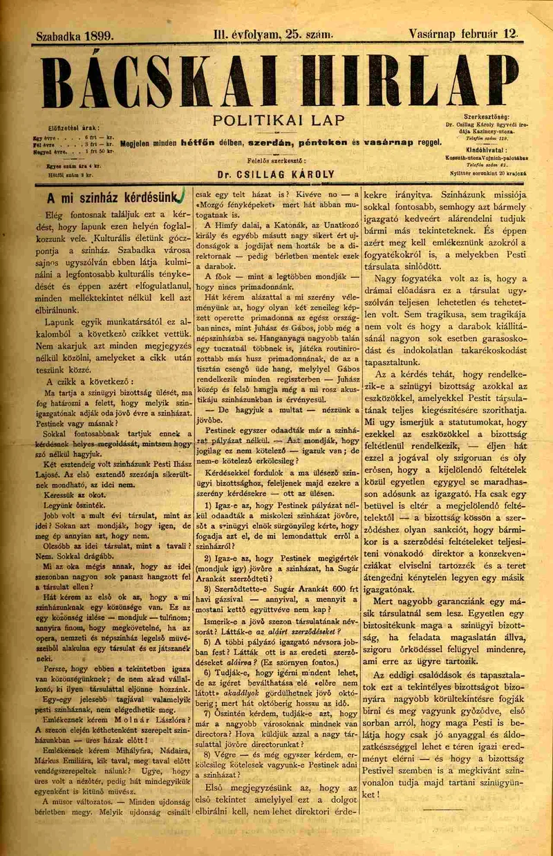Bácskai Hirlap, 3. évf. 1899. február 12. 25. sz.
