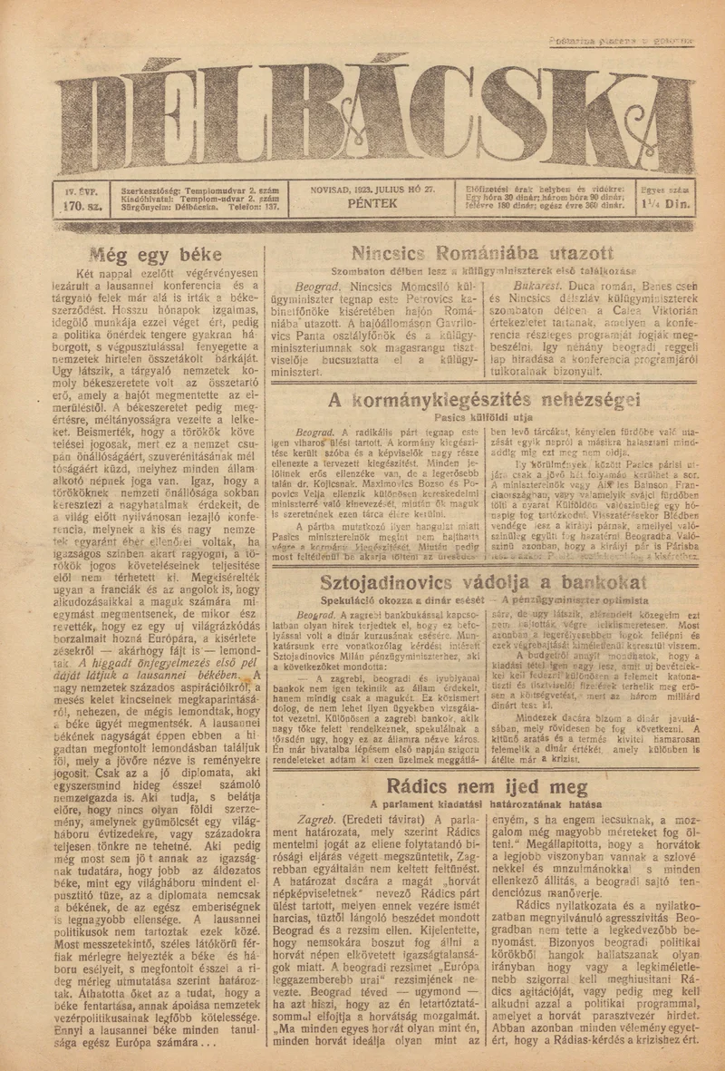 Délbácska, 4. évf. 1923. július 27. 170. sz.