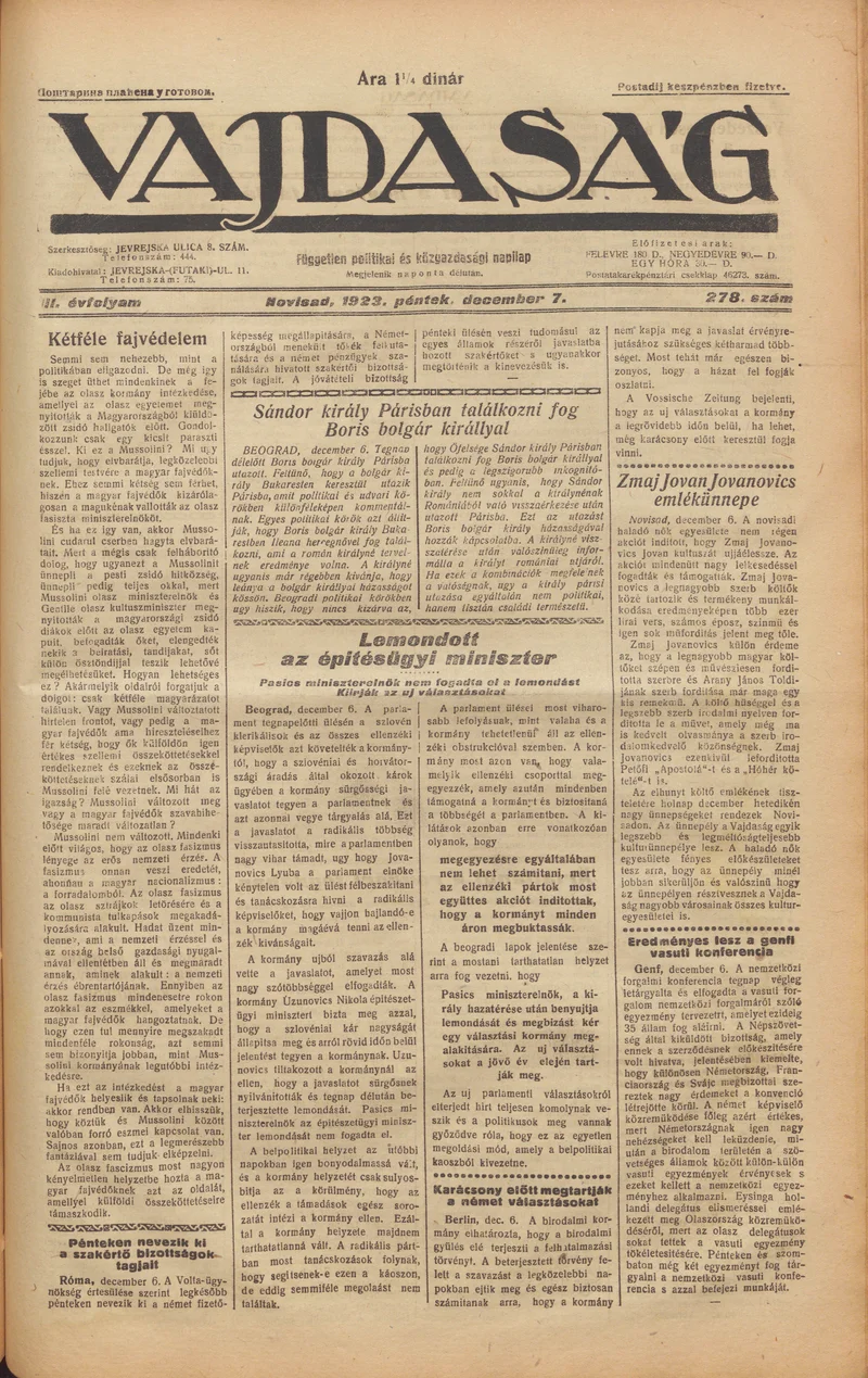 Vajdaság, 3. évf. 1923. december 7. 278. sz.