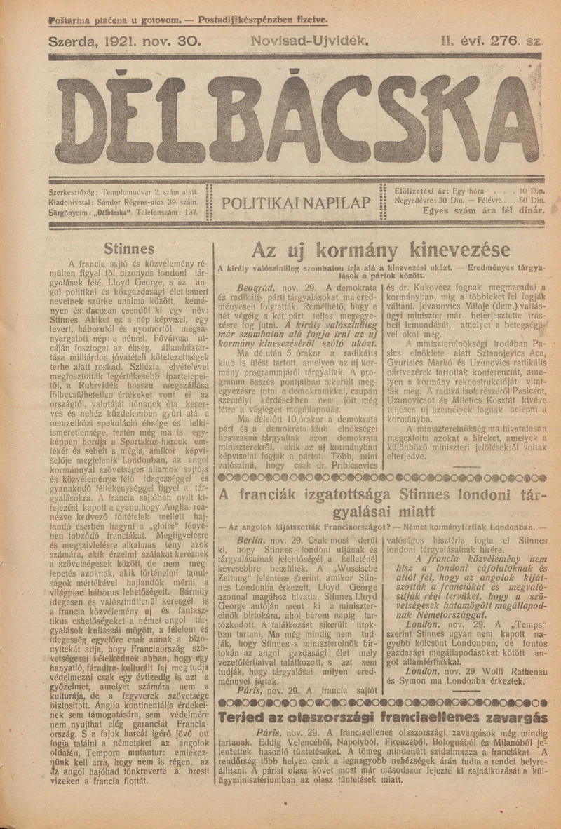 Délbácska, 2. évf. 1921. november 30. 276. sz.