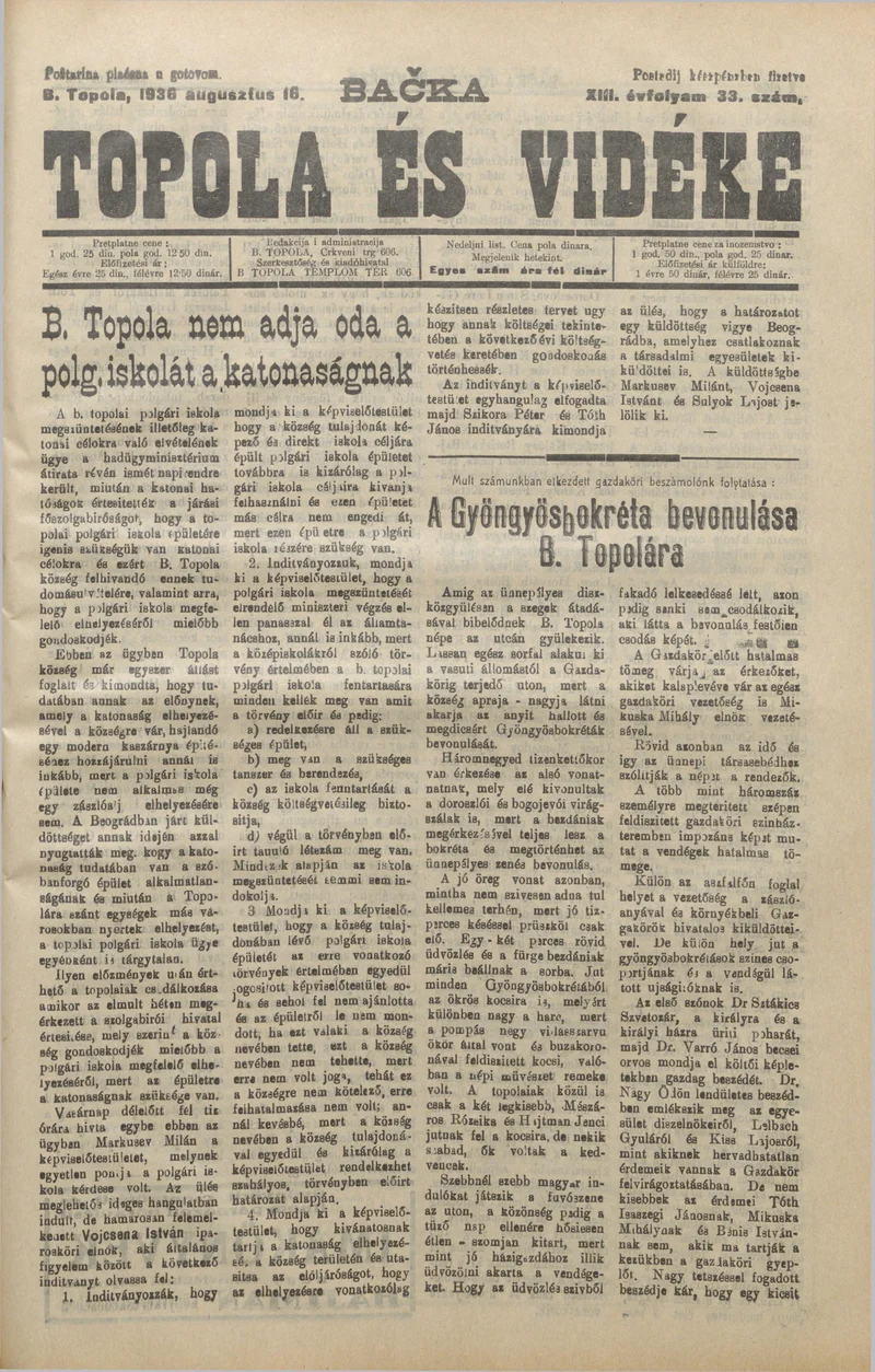 Bačka Topola és Vidéke, 13. évf. 1936. augusztus 16. 33. sz.