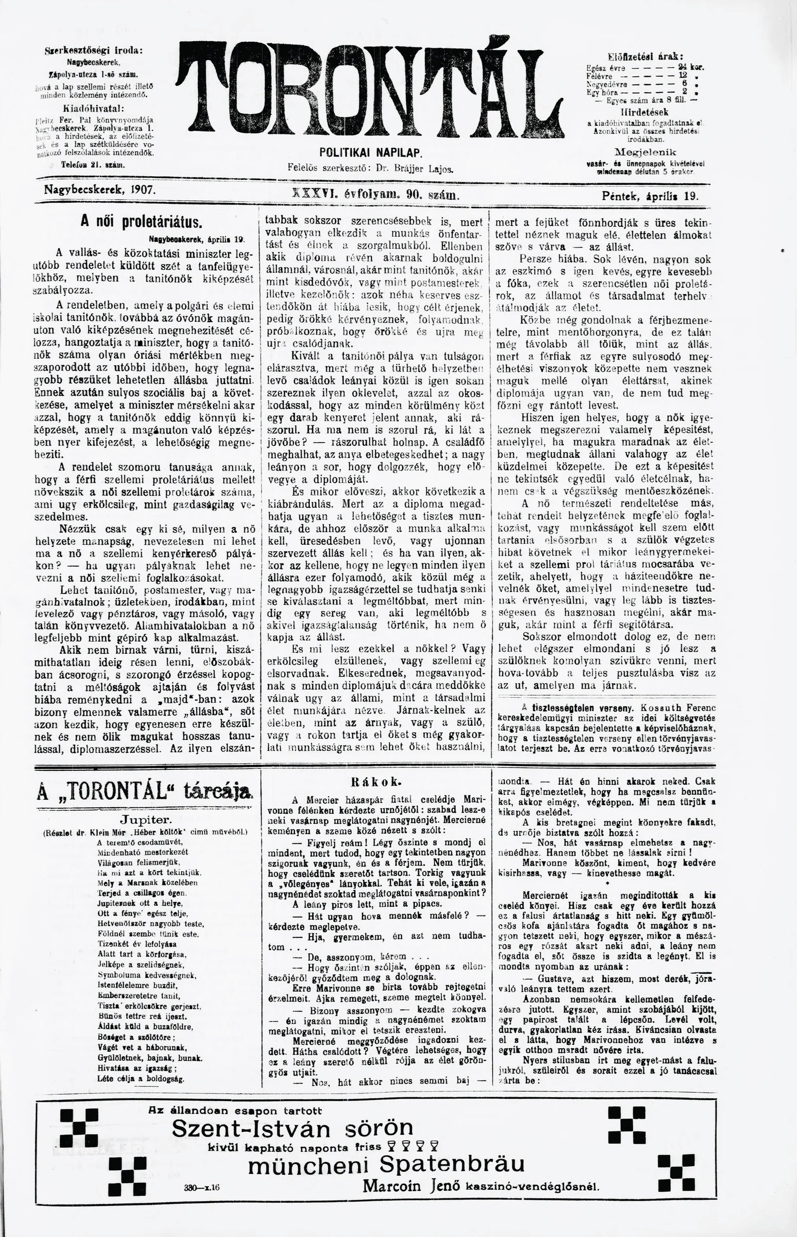 Torontál, 36. évf. 1907. április 19. 90. sz.