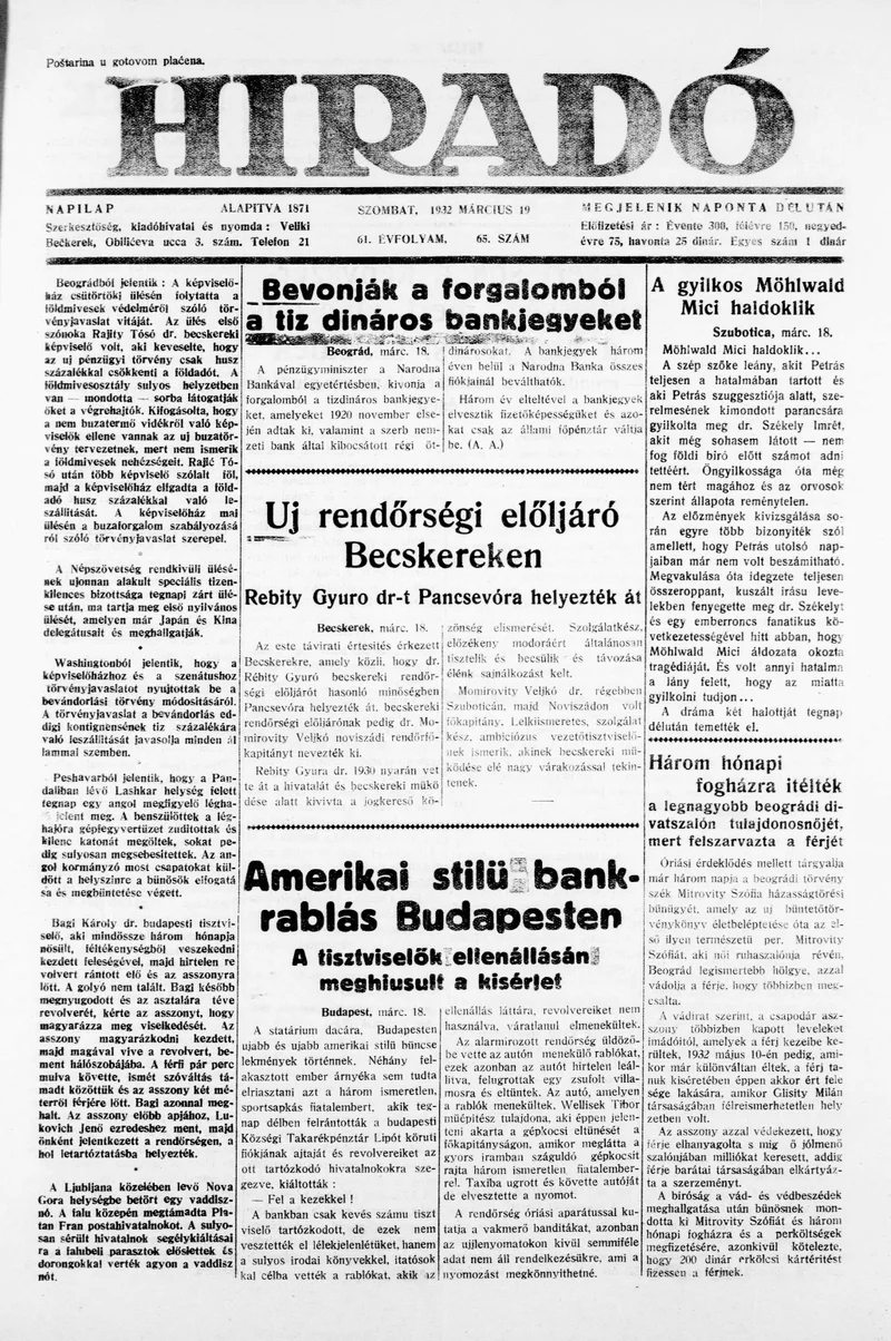 Híradó, 61. évf. 1932. március 19. 65. sz.