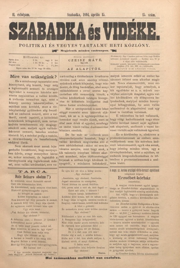 Szabadka és vidéke II, 2. évf. 1894. április 15. 15. sz.