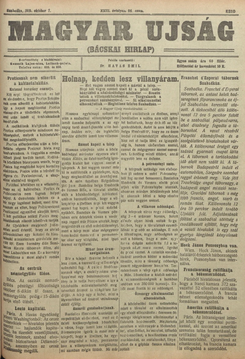 Bácskai Hirlap, 23. évf. 1919. október 7. 96. sz.