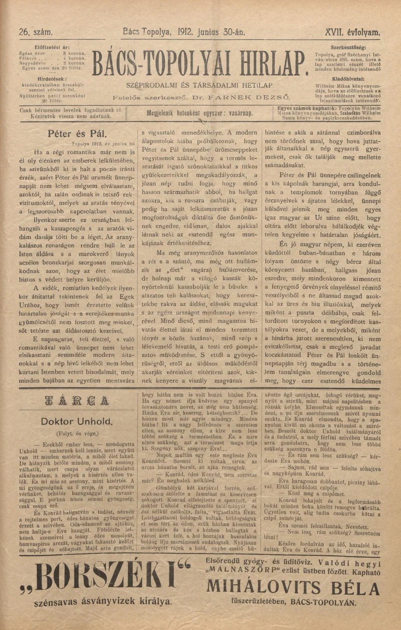 Bács-Topolyai Hirlap, 17. évf. 1912. június 30. 26. sz.