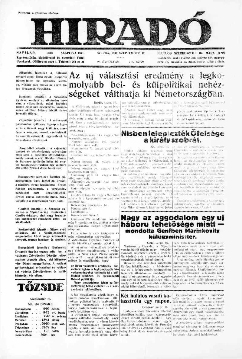 Híradó, 59. évf. 1930. szeptember 17. 215. sz.
