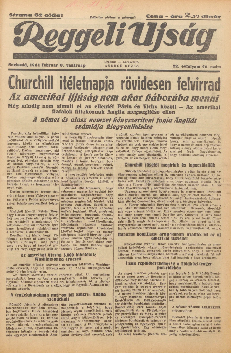 Reggeli Újság, 22. évf. 1941. február 9. 40. sz.
