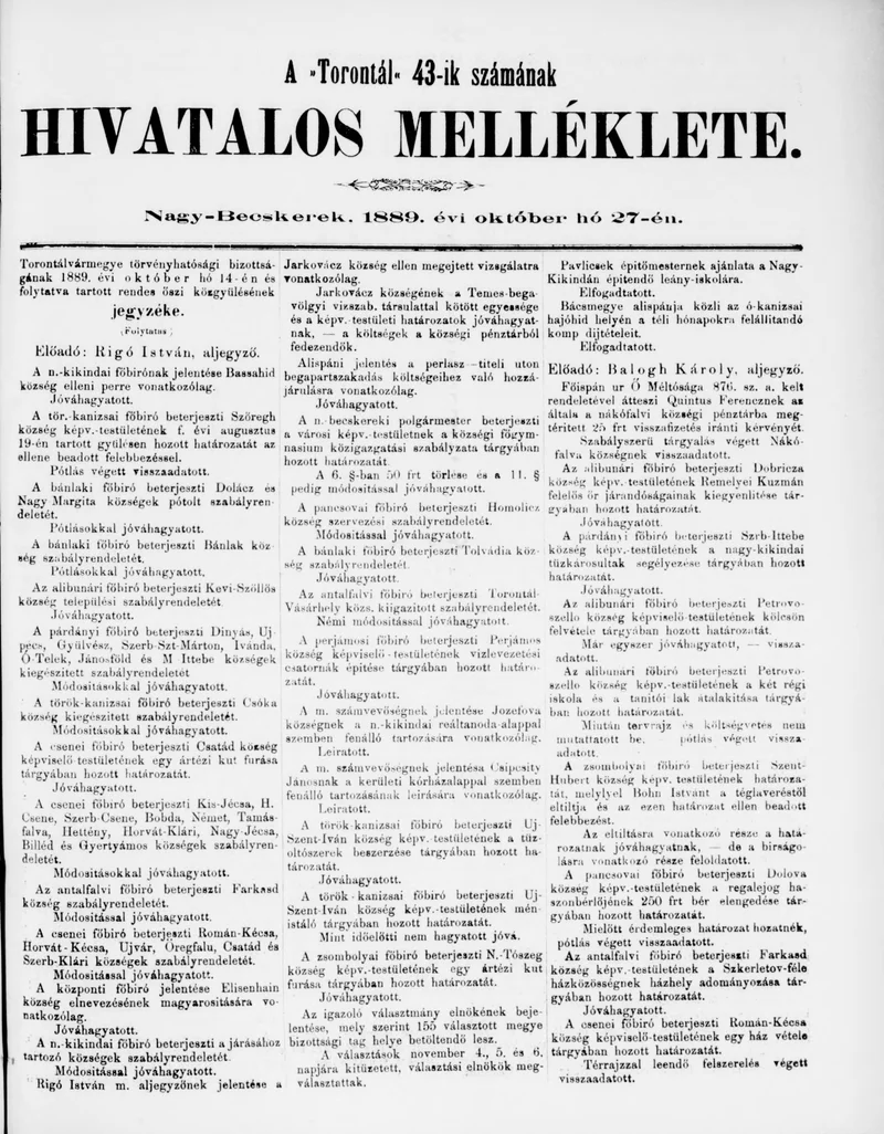 A Totontál  hivatalos melléklete, 2. évf. 1889. október 27. 43. sz.