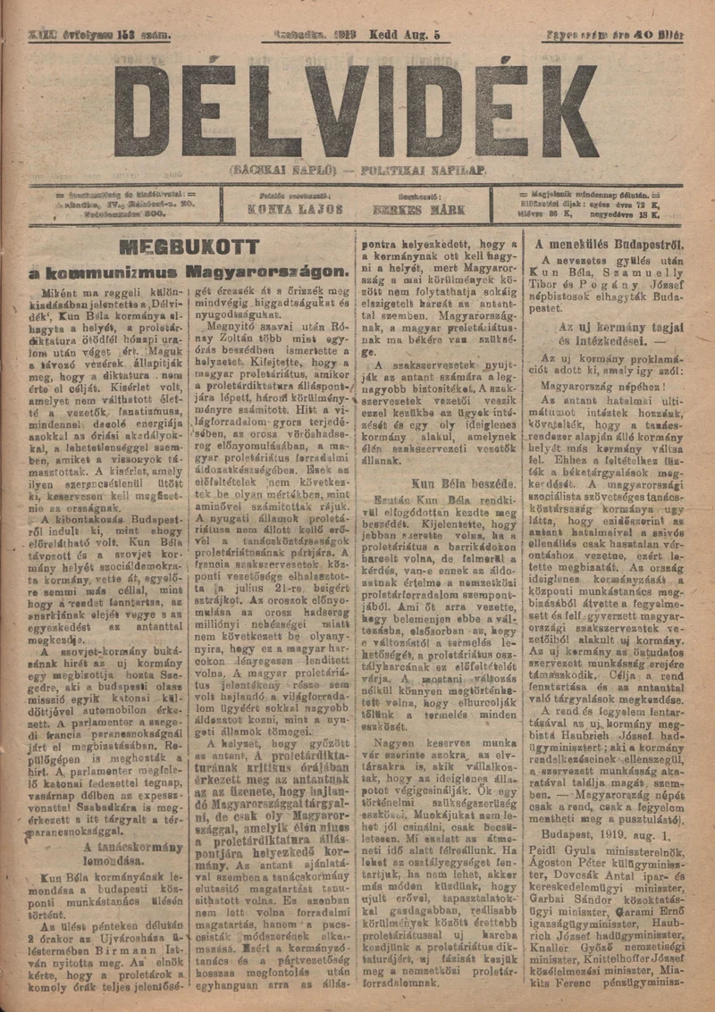 Délvidék, 13. évf. 1919. augusztus 5. 153. sz.