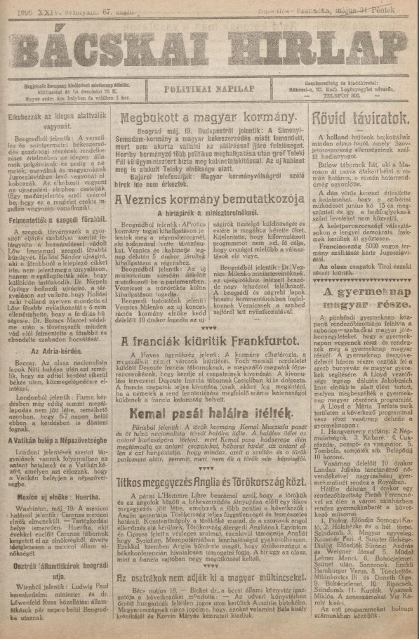 Bácskai Hirlap, 24. évf. 1920. május 20. 67. sz.