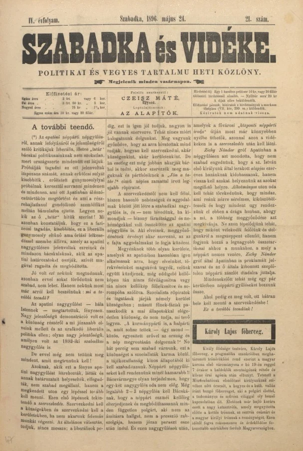 Szabadka és vidéke II, 4. évf. 1896. május 24. 21. sz.