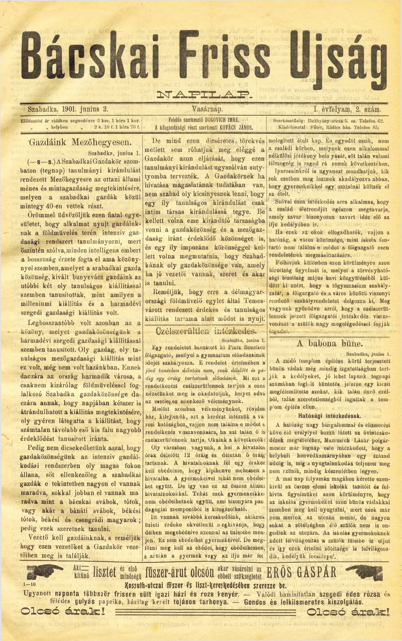 Bácskai Friss Ujság, 1. évf. 1901. június 2. 2. sz.