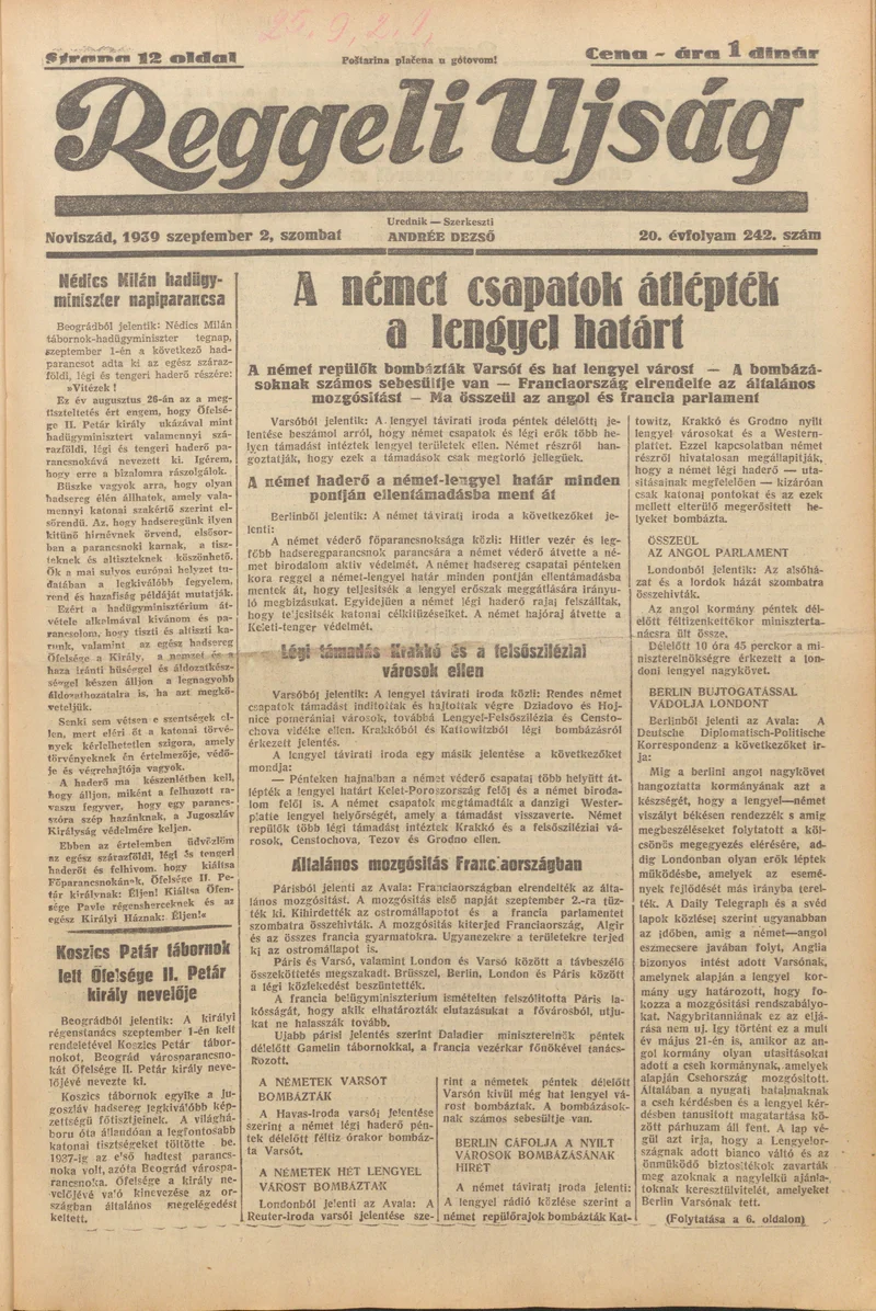 Reggeli Újság, 20. évf. 1939. szeptember 2. 242. sz.
