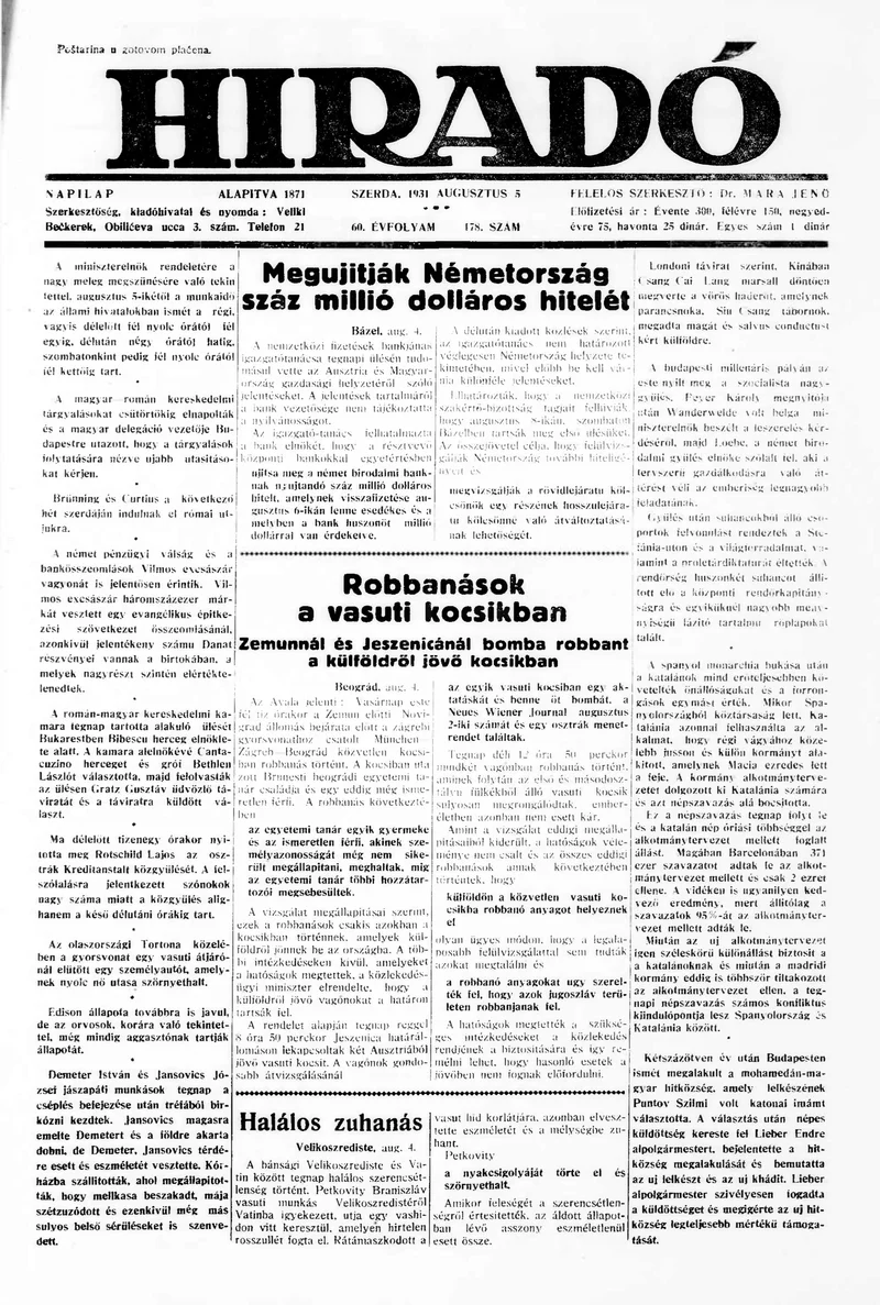 Híradó, 60. évf. 1931. augusztus 5. 178. sz.