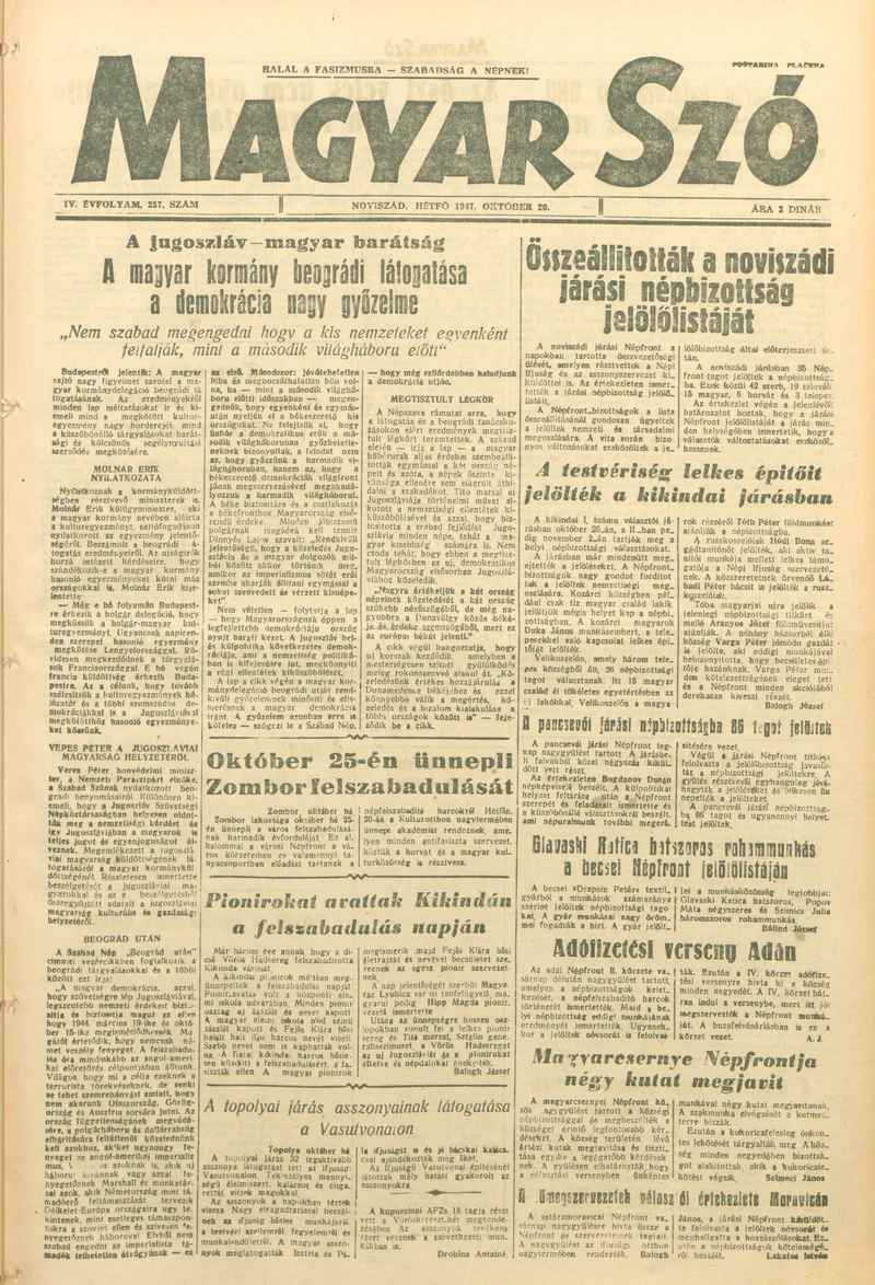 Magyar Szó, 4. évf. 1947. október 20. 257. sz. 1–4. oldal