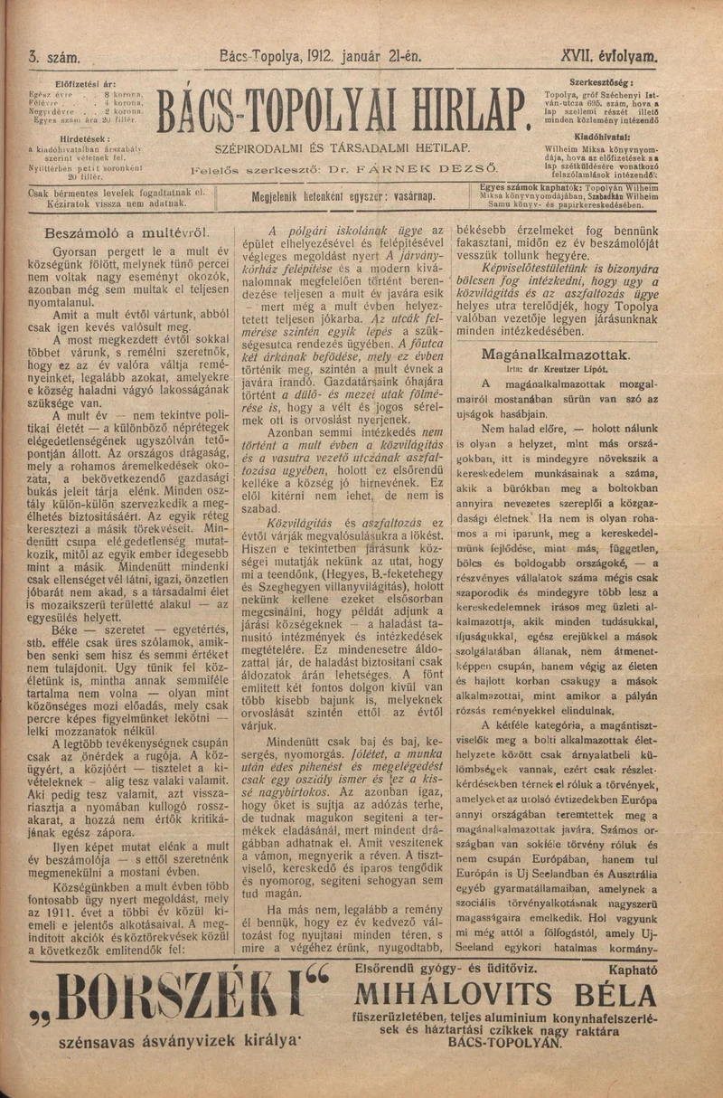 Bács-Topolyai Hirlap, 17. évf. 1912. január 21. 3. sz.