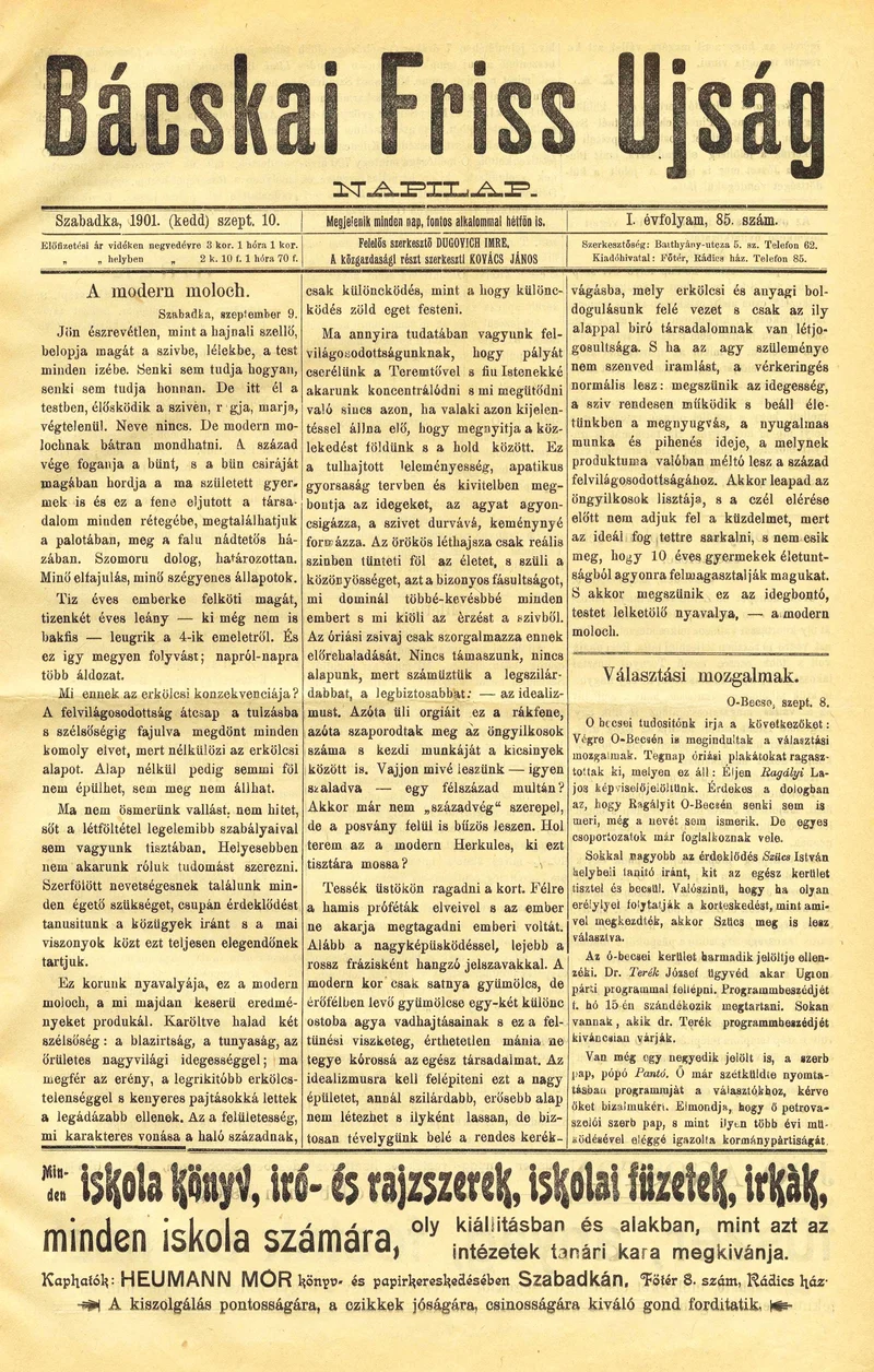 Bácskai Friss Ujság, 1. évf. 1901. szeptember 10. 85. sz.