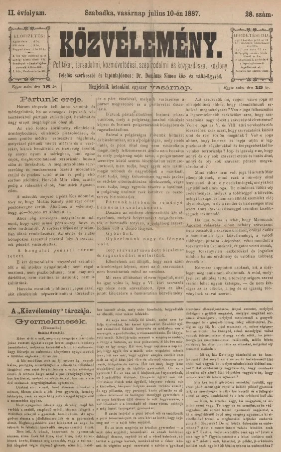 Közvélemény, 2. évf. 1887. július 10. 28. sz.