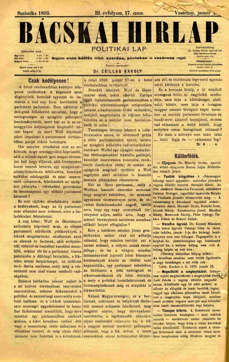 Bácskai Hirlap, 3. évf. 1899. január 29. 17. sz.