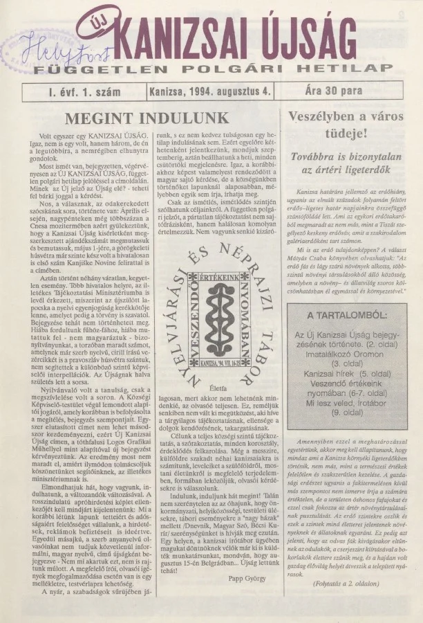 Új Kanizsai Újság, 1. évf. 1994. augusztus 4. 1. sz.