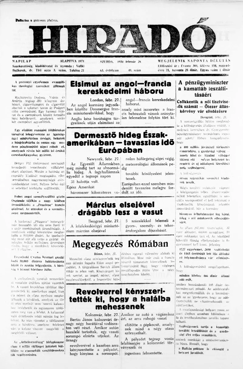 Híradó, 63. évf. 1934. február 28. 49. sz.