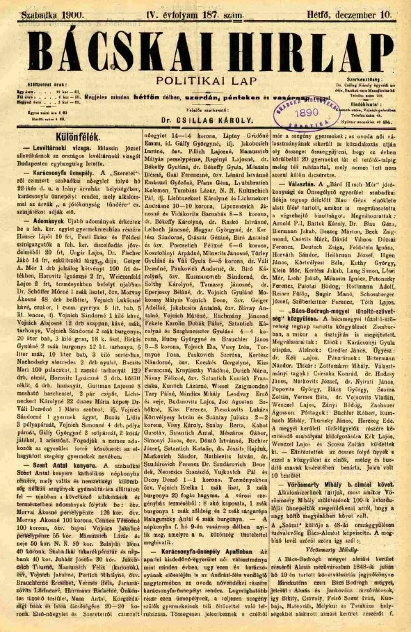 Bácskai Hirlap, 4. évf. 1900. december 10. 187. sz.