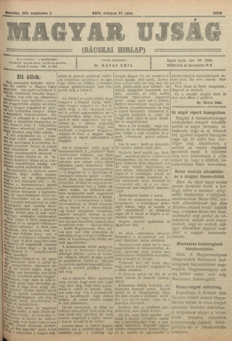 Bácskai Hirlap, 23. évf. 1919. szeptember 2. 67. sz.