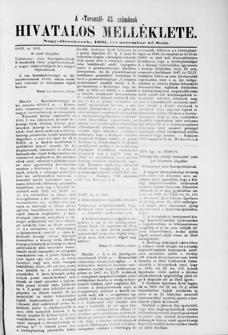 A Totontál  hivatalos melléklete, 4. évf. 1891. november 8. 45. sz.