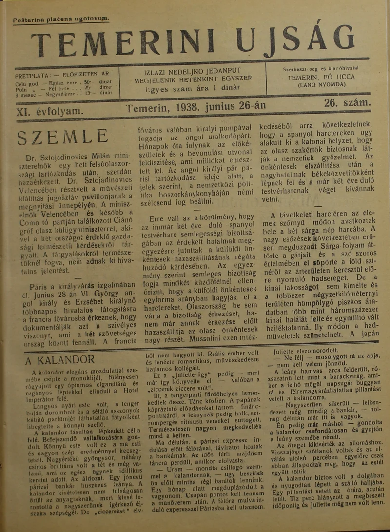 Temerini Újság 1928-1944, 11. évf. 1938. június 26. 26. sz.