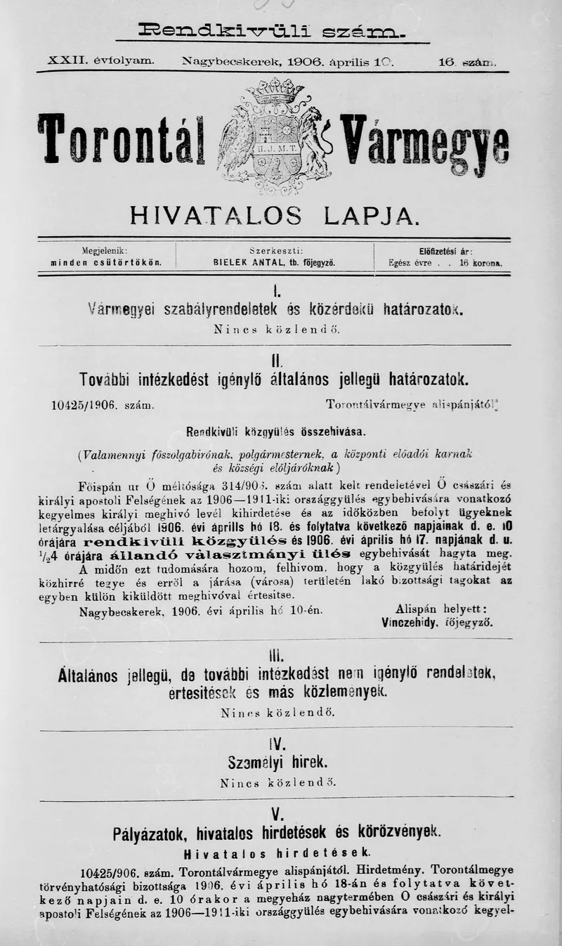Torontál Vármegye Hivatalos Lapja, 22. évf. 1906. április 10. 16. sz.