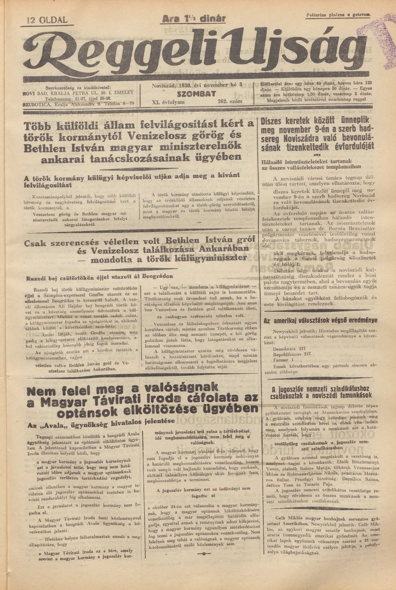 Reggeli Újság, 11. évf. 1930. november 8. 262. sz.