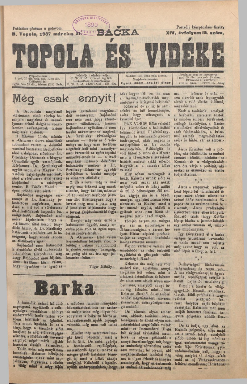Bačka Topola és Vidéke, 14. évf. 1937. március 21. 12. sz.