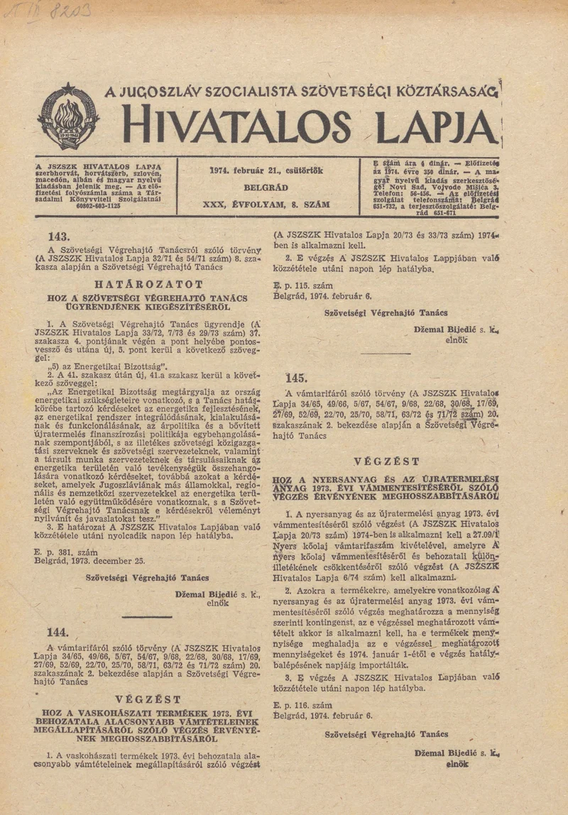 A Jugoszláv Szocialista Szövetségi Köztársaság Hivatalos Lapja, 30. évf. 1974. február 21. 8. sz. 197–208. oldal