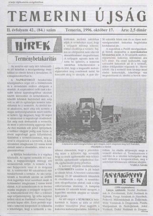 Temerini Újság, 2. évf. 1996. október 17. 42. sz.