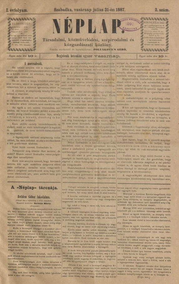 Néplap, 1. évf. 1887. július 31. 2. sz.
