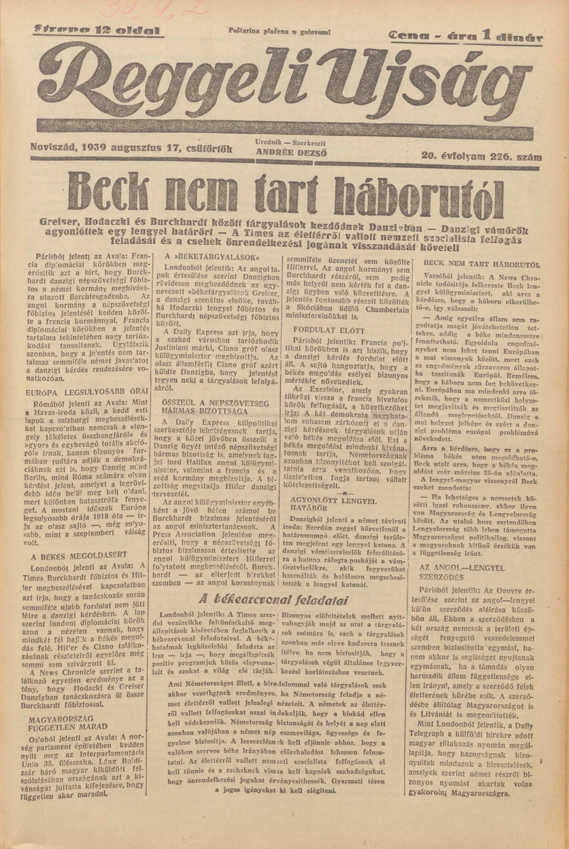 Reggeli Újság, 20. évf. 1939. augusztus 17. 226. sz.