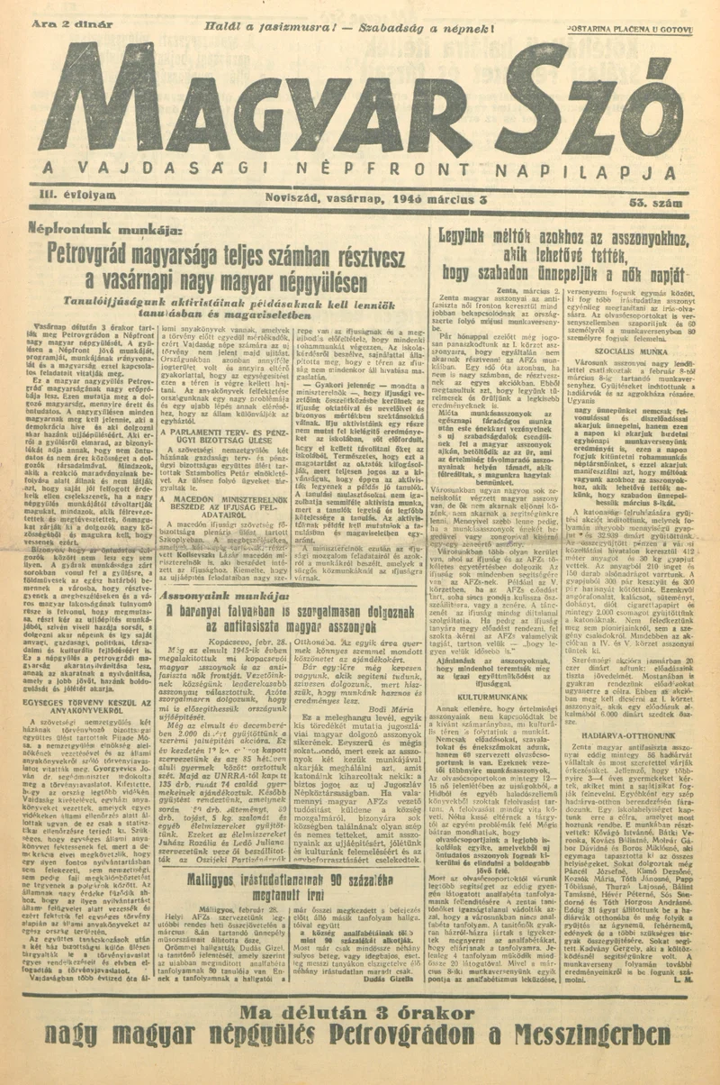 Magyar Szó, 3. évf. 1946. március 3. 53. sz. 1–8. oldal