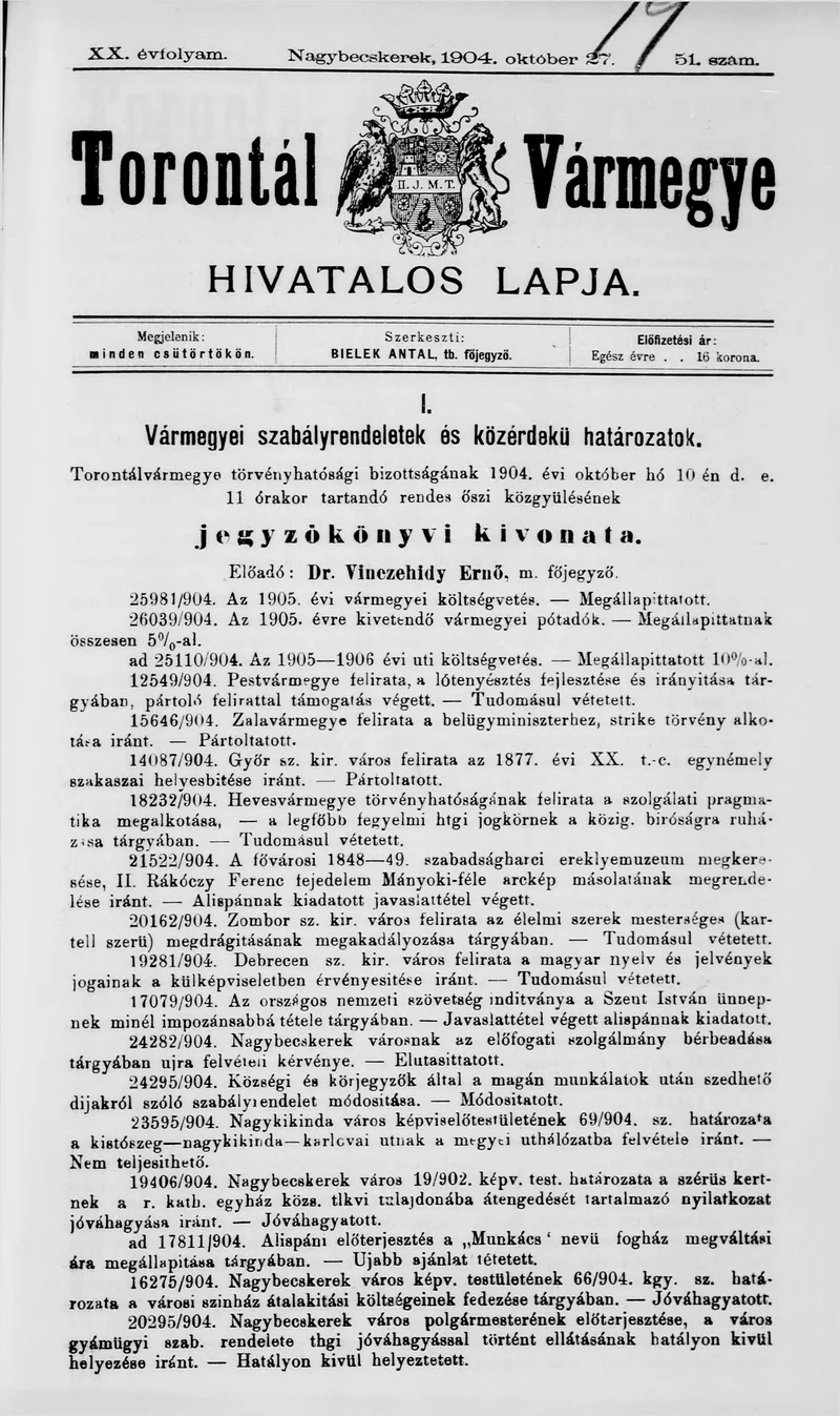 Torontál Vármegye Hivatalos Lapja, 20. évf. 1904. október 27. 51. sz.