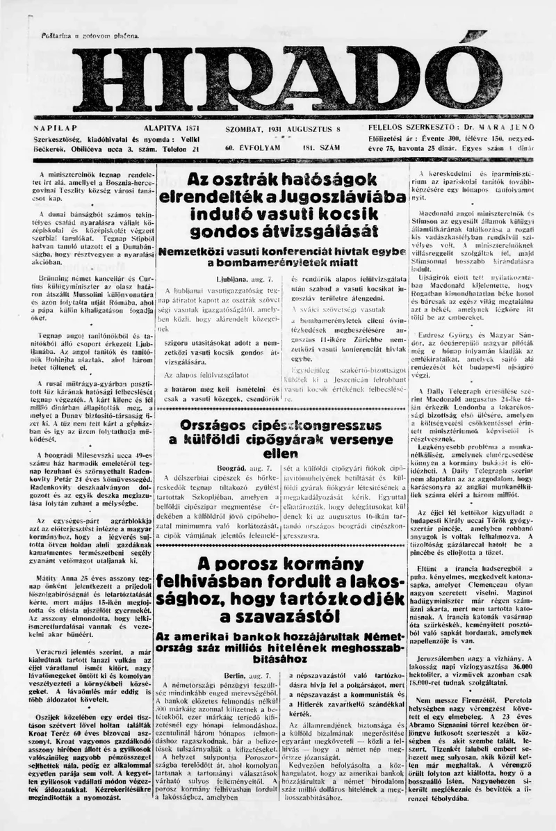 Híradó, 60. évf. 1931. augusztus 8. 181. sz.