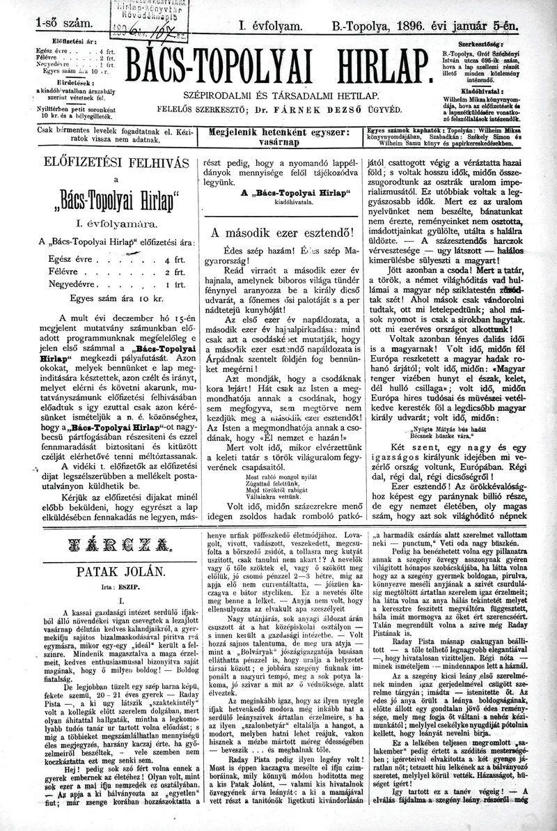 Bács-Topolyai Hirlap, 1. évf. 1896. január 5. 1. sz.