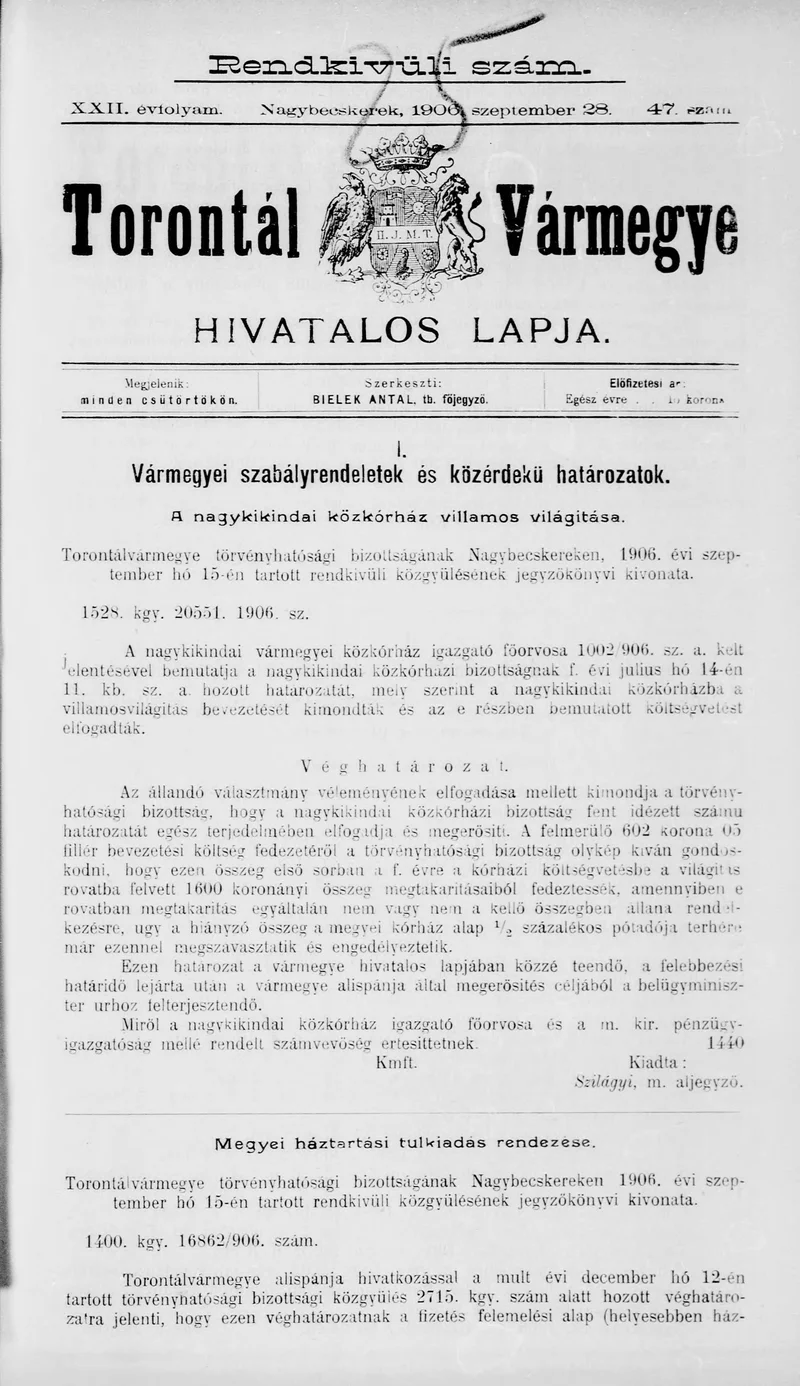 Torontál Vármegye Hivatalos Lapja, 22. évf. 1906. szeptember 28. 47. sz.