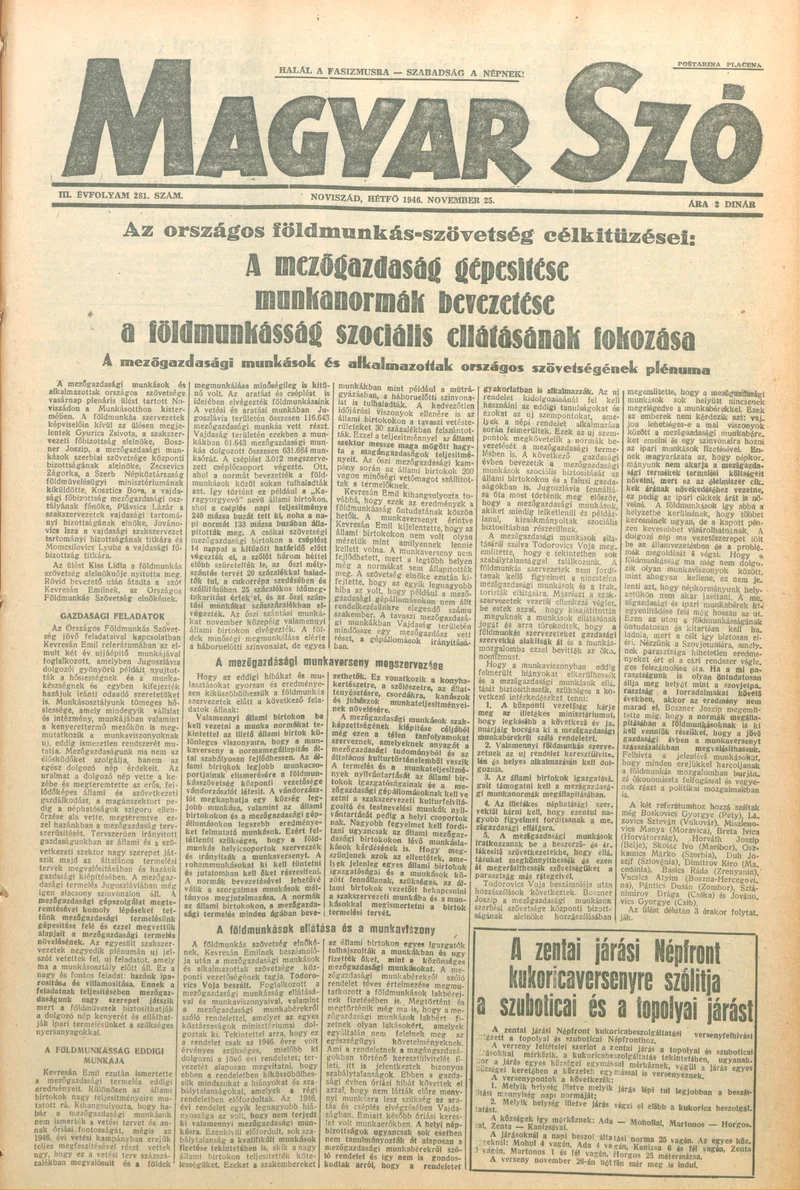Magyar Szó, 3. évf. 1946. november 25. 281. sz. 1–6. oldal