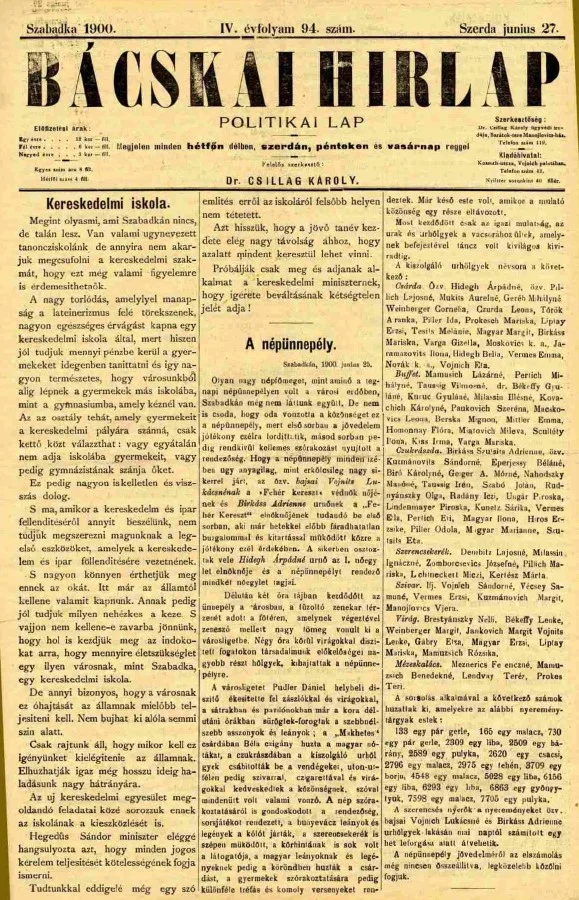 Bácskai Hirlap, 4. évf. 1900. június 27. 94. sz.