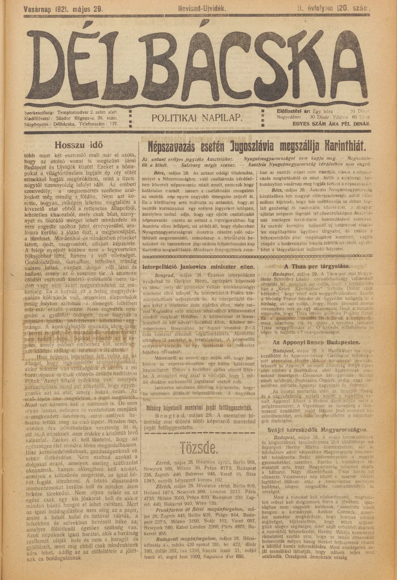 Délbácska, 2. évf. 1921. május 29. 120. sz.